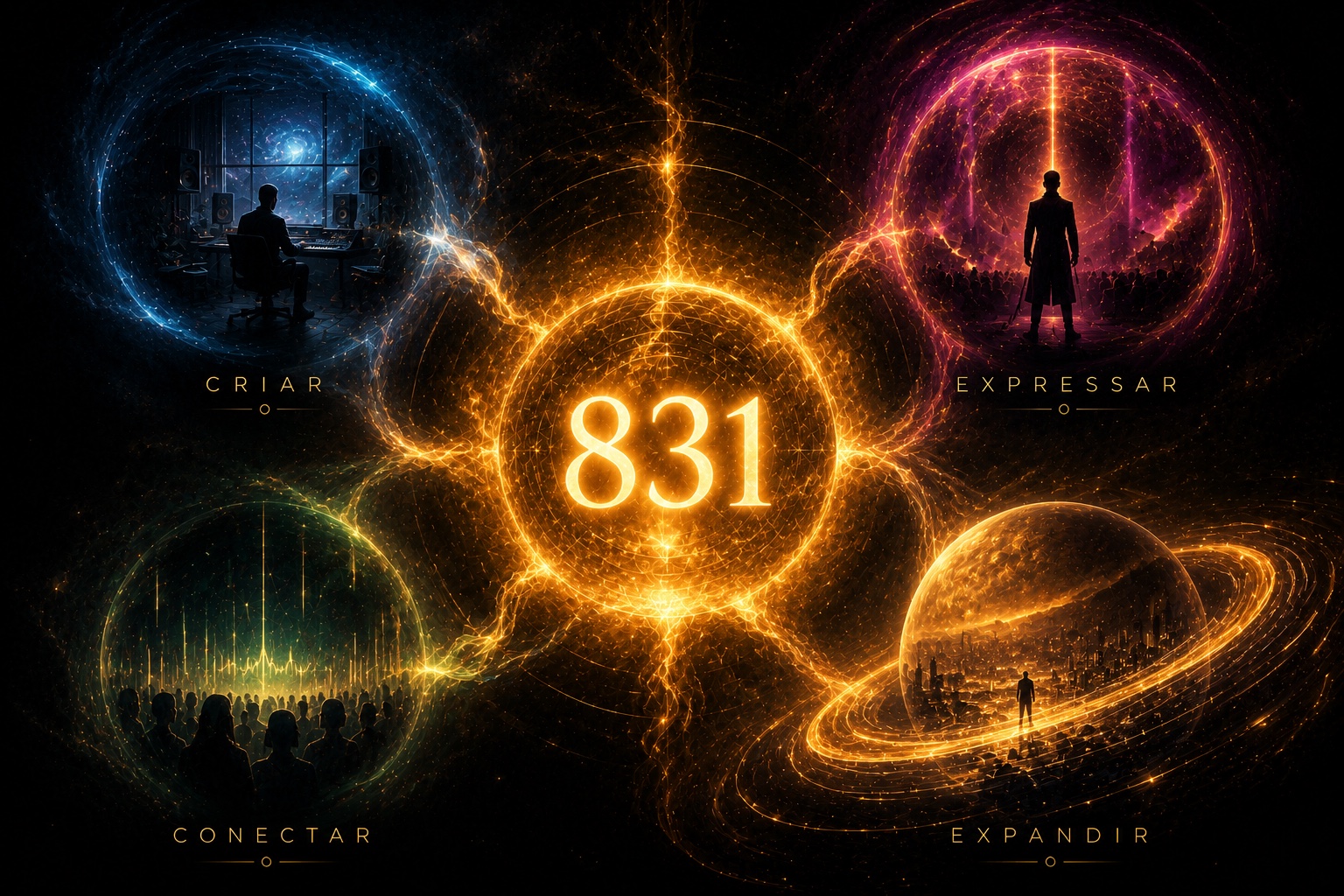 universo 831 — quatro mundos conectados ao centro: criar, expressar, conectar, expandir